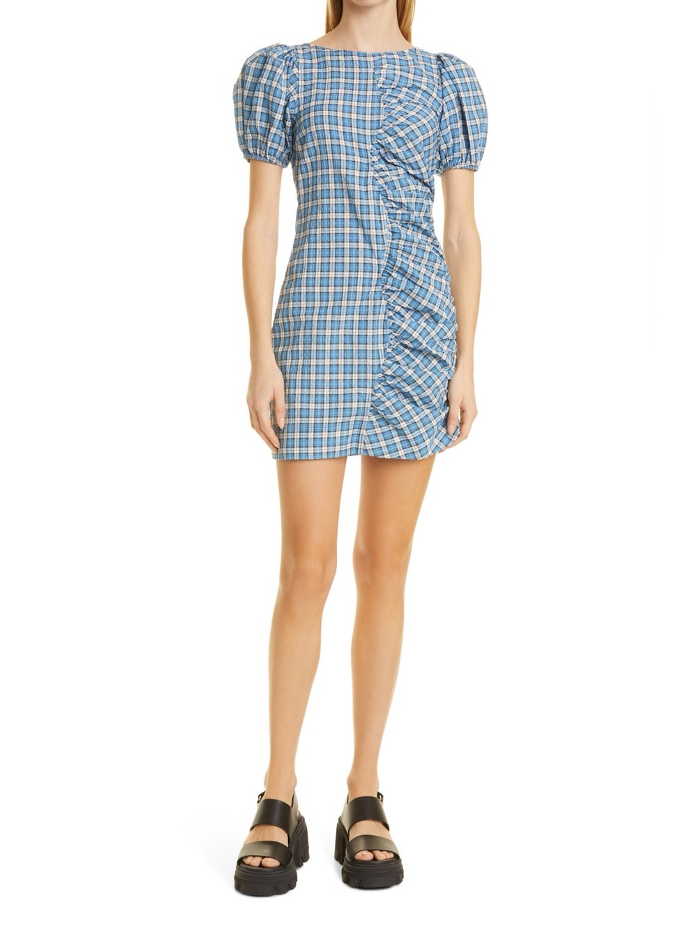 Ganni Ruched Seersucker Mini Dress Sz 38/6